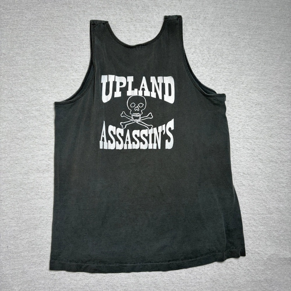Vintage 90s Fruit of the Loom Mens Tank Top XL Black Upland Assassins Skull USA